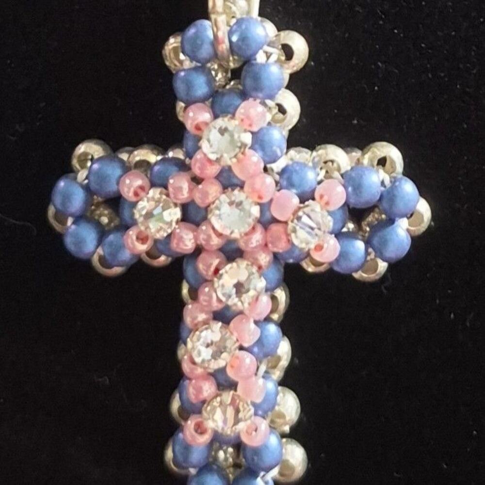 Handcrafted Blue Pink Crystal Rhinestone Pendant Sterling Silver Necklace 26"